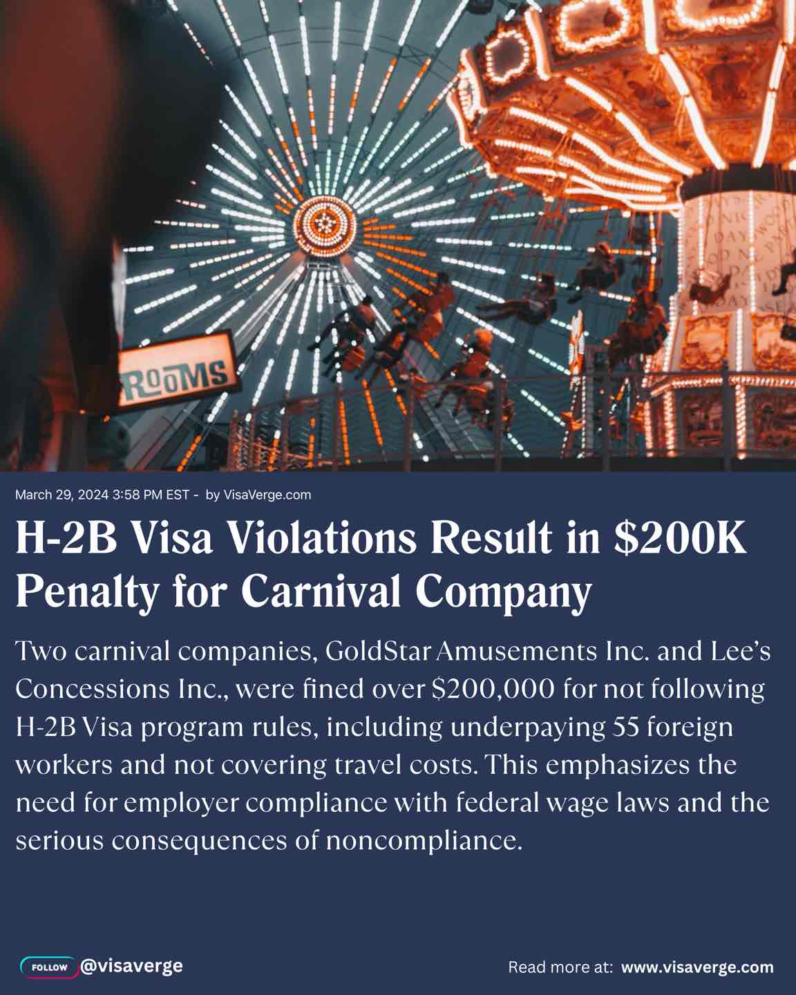 H-2B Visa Violations Result in $200K Penalty for Carnival Company H-2B Visa Violations Result in $200K Penalty for Carnival Company