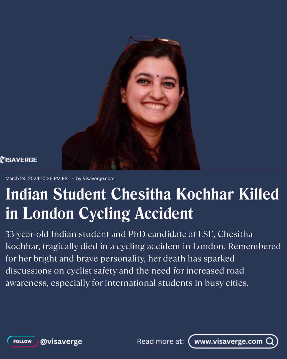 Indian Student Chesitha Kochhar Killed in London Cycling Accident