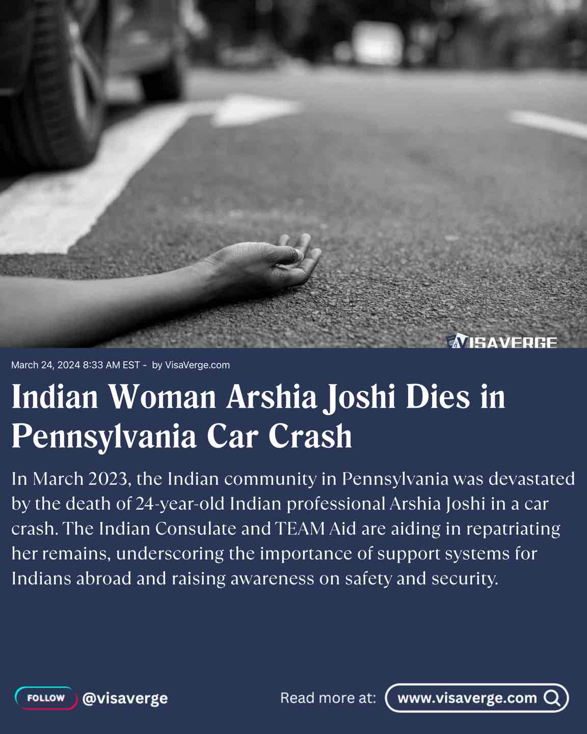 Indian Woman Arshia Joshi Dies in Pennsylvania Car Crash
