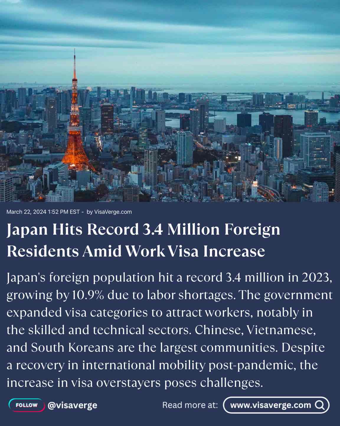Japan Hits Record 3.4 Million Foreign Residents Amid Work Visa Increase