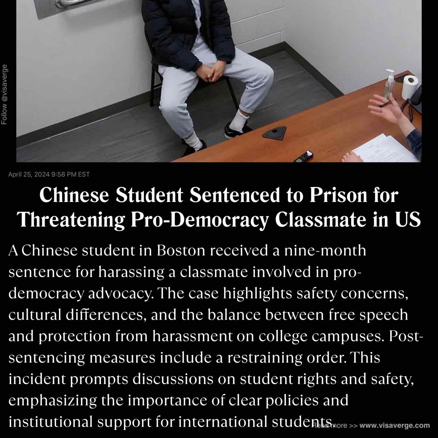 Chinese Student Sentenced to Prison for Threatening Pro-Democracy Classmate in US