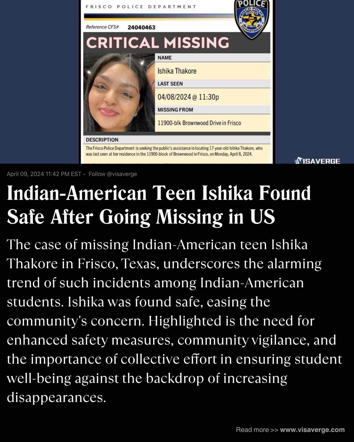 Indian-American Teen Ishika Found Safe After Going Missing in US Indian-American Teen Ishika Found Safe After Going Missing in US