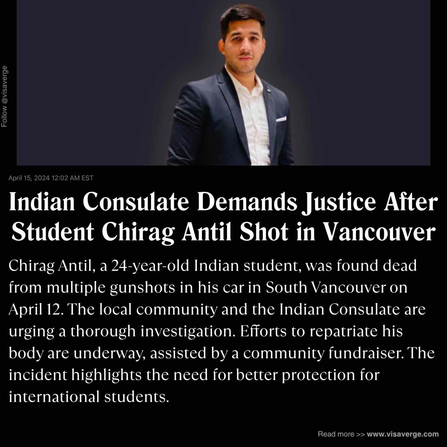 Indian Consulate Demands Justice After Student Chirag Antil Shot in Vancouver Indian Consulate Demands Justice After Student Chirag Antil Shot in Vancouver