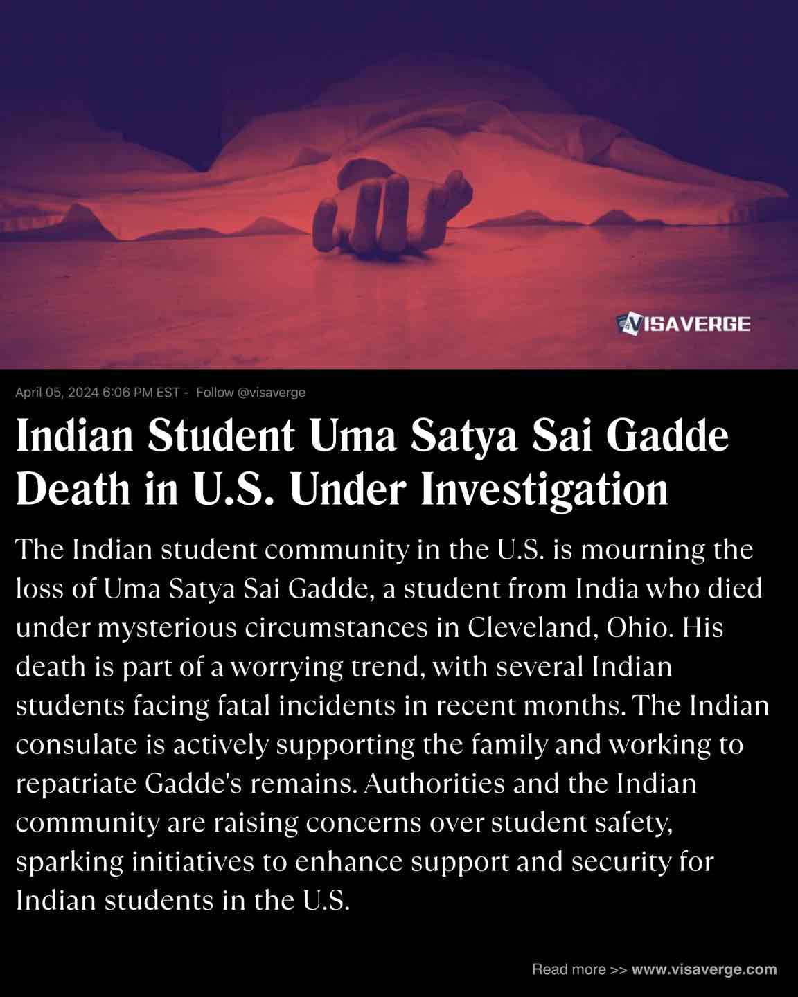 Indian Student Uma Satya Sai Gadde Death in U.S. Under Investigation Indian Student Uma Satya Sai Gadde Death in U.S. Under Investigation