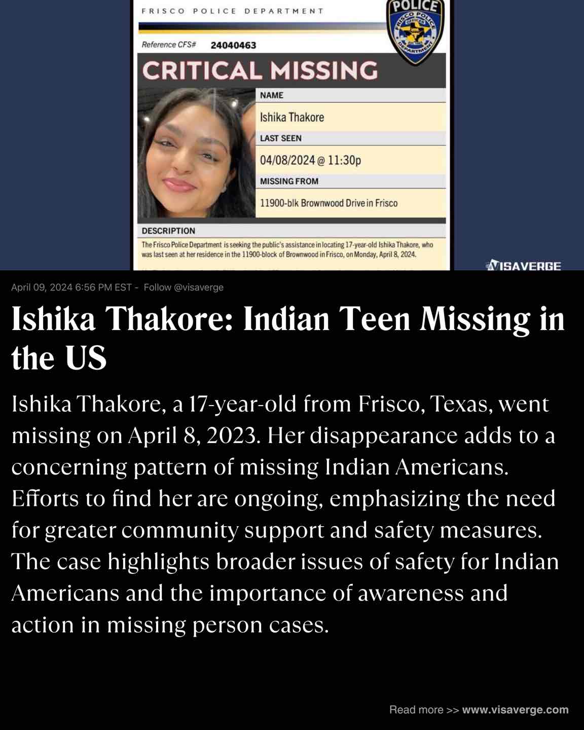 Ishika Thakore: Indian Teen Missing in the US Ishika Thakore: Indian Teen Missing in the US