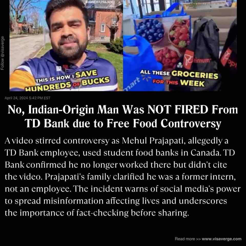 No, Indian-Origin Man Was NOT FIRED From TD Bank due to Free Food Controversy No, Indian-Origin Man Was NOT FIRED From TD Bank due to Free Food Controversy