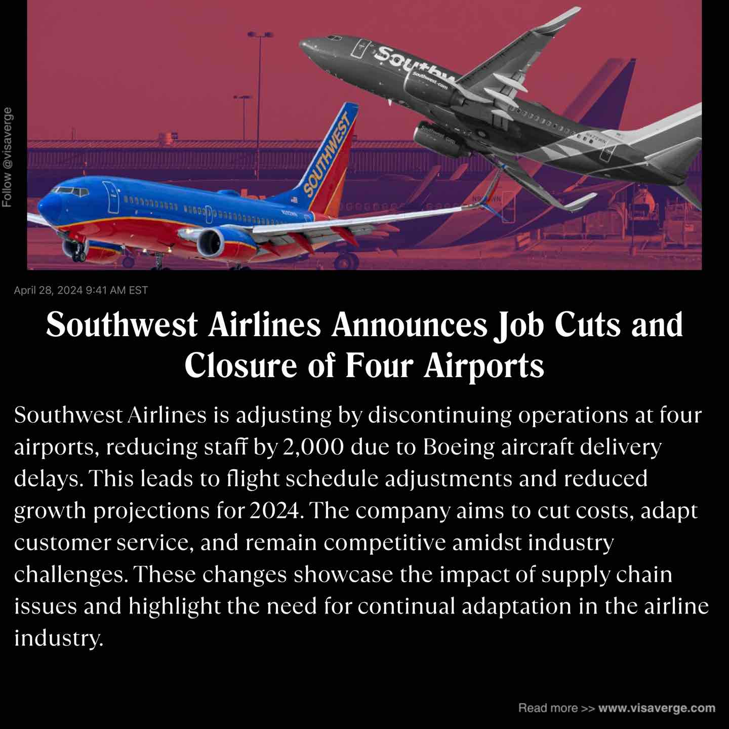 Southwest Airlines Announces Job Cuts and Closure of Four Airports