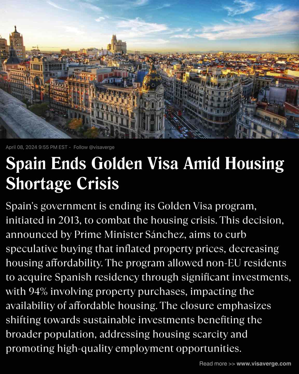 Spain Ends Golden Visa Amid Housing Shortage Crisis Spain Ends Golden Visa Amid Housing Shortage Crisis