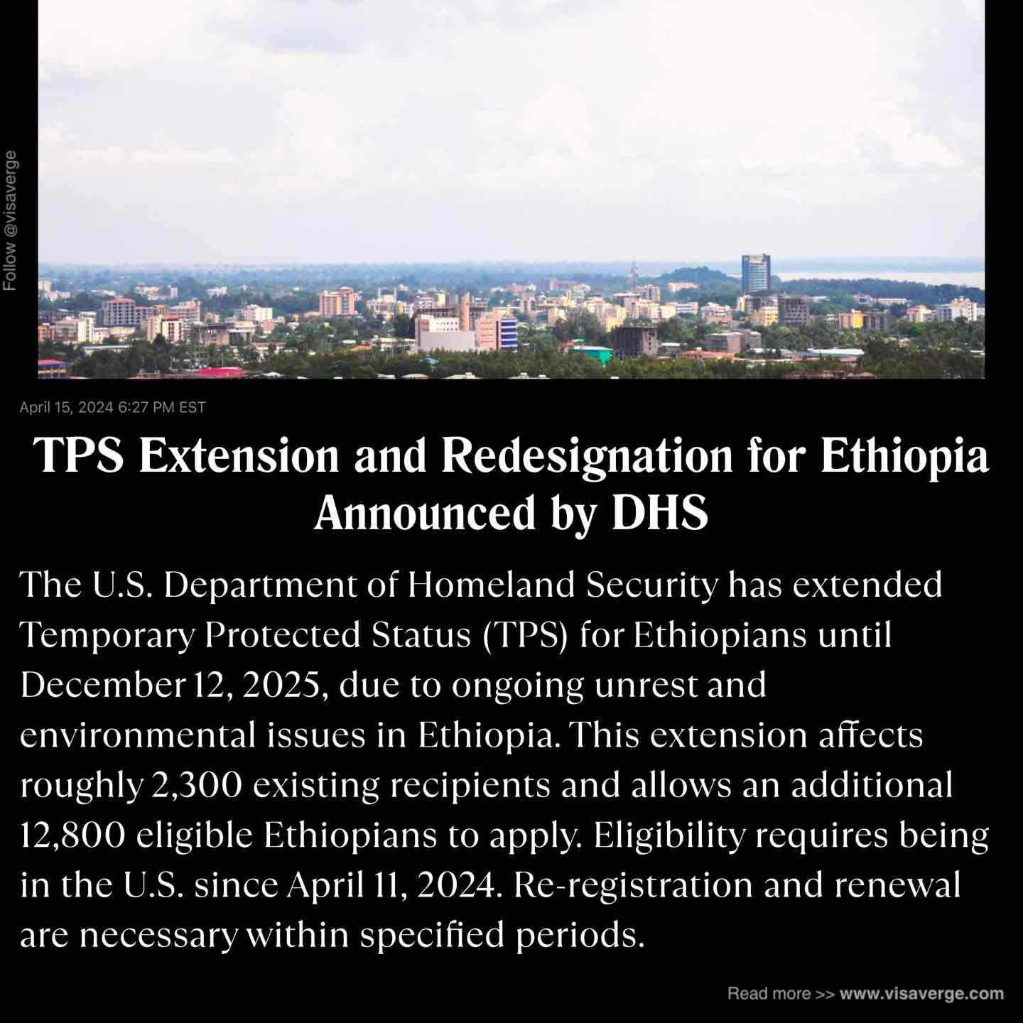 TPS Extension and Redesignation for Ethiopia Announced by DHS