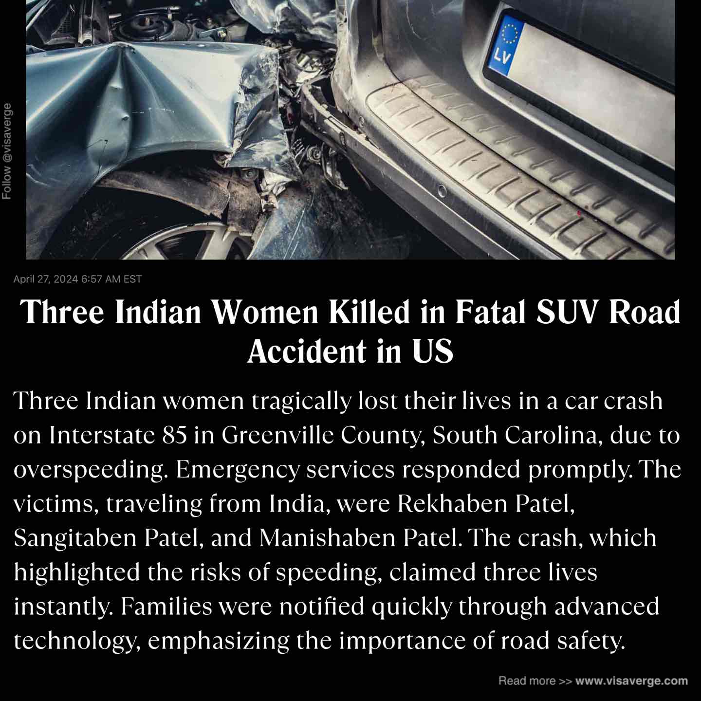 Three Indian Women Killed in Fatal SUV Road Accident in US Three Indian Women Killed in Fatal SUV Road Accident in US