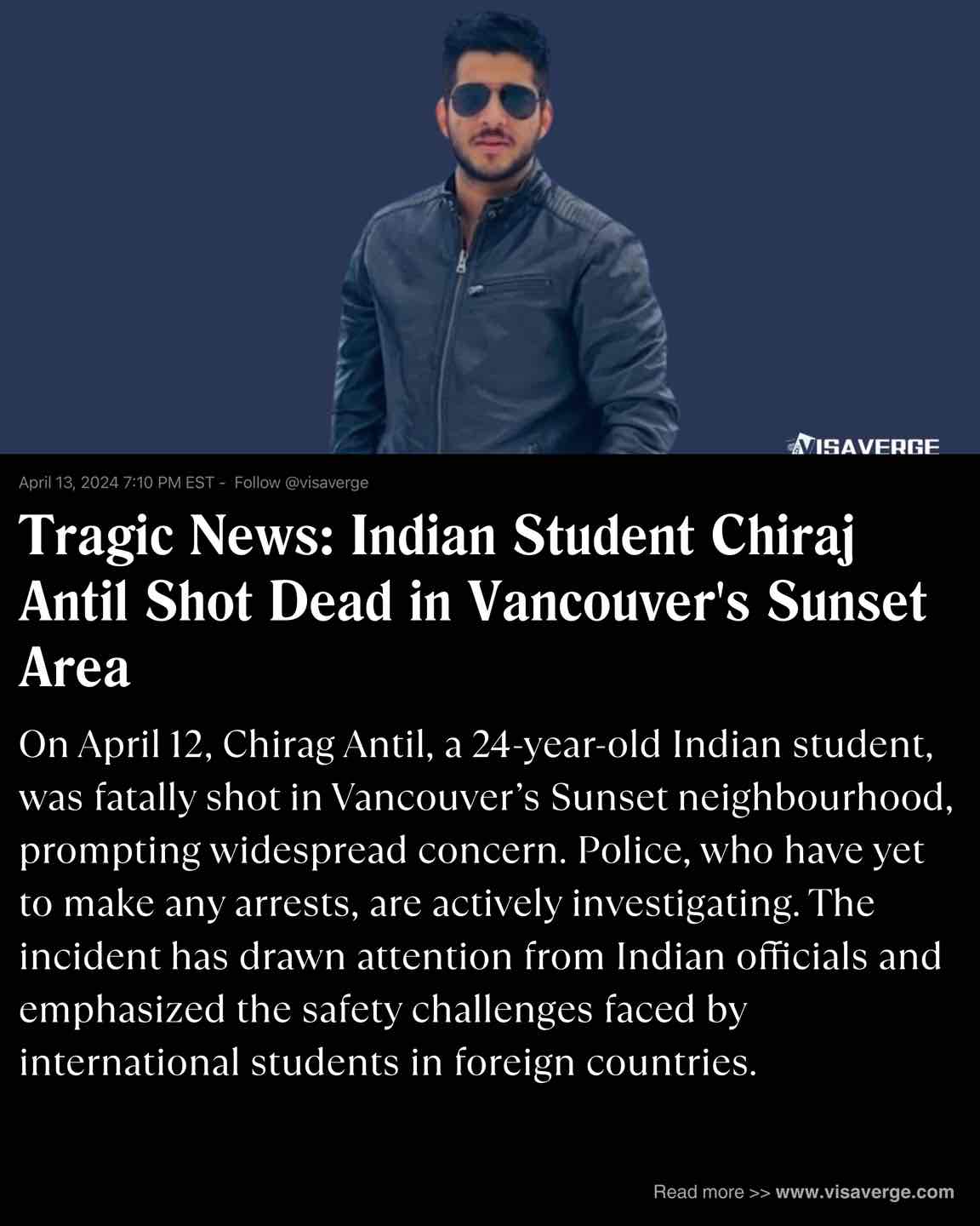 Tragic News: Indian Student Chiraj Antil Shot Dead in Vancouver's Sunset Area Tragic News: Indian Student Chiraj Antil Shot Dead in Vancouver's Sunset Area