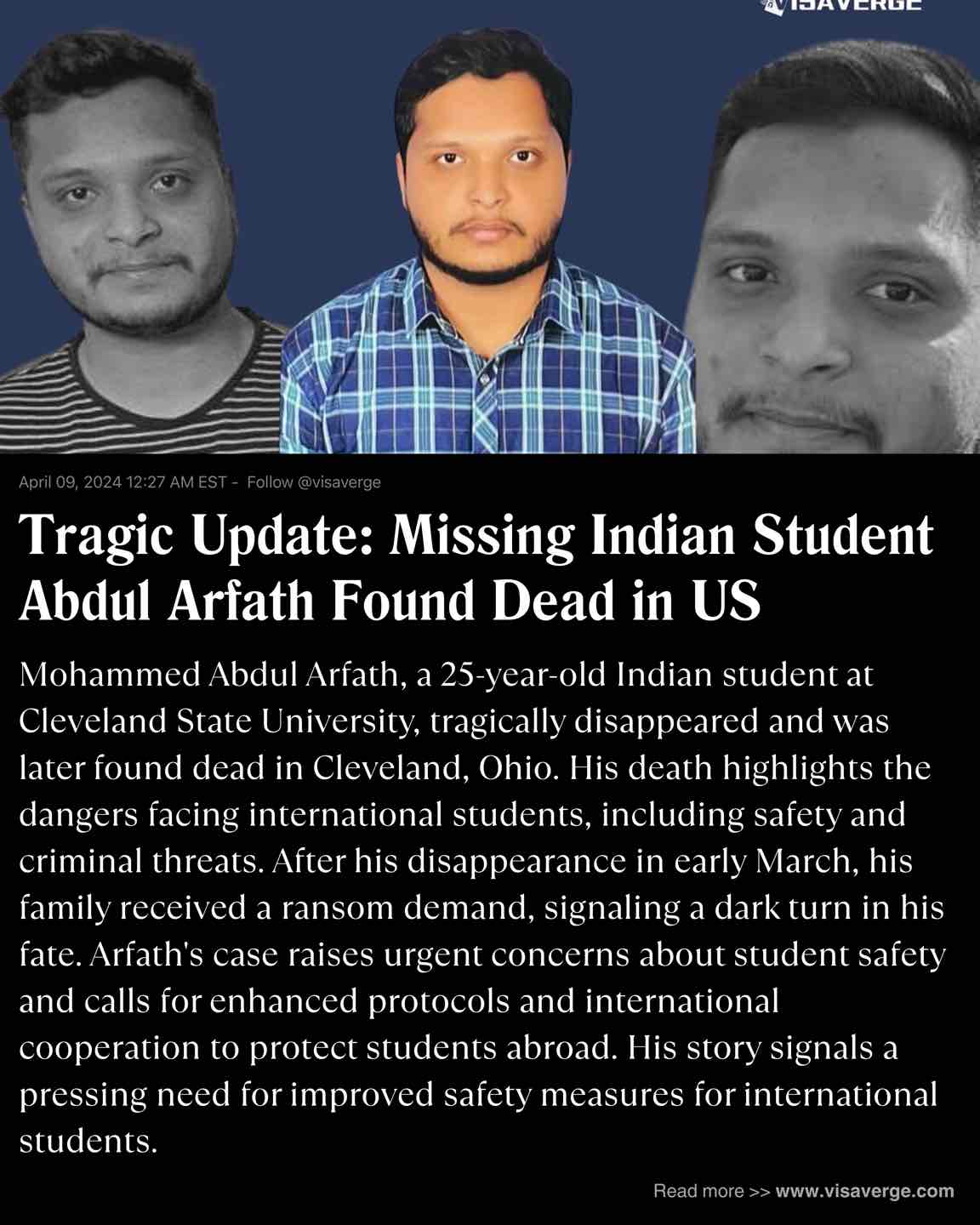 Tragic Update: Missing Indian Student Abdul Arfath Found Dead in US - VisaVerge Tragic Update: Missing Indian Student Abdul Arfath Found Dead in US