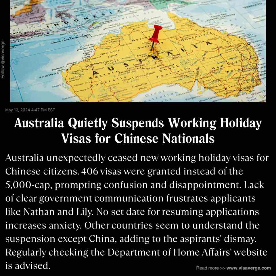 Australia Quietly Suspends Working Holiday Visas for Chinese Nationals