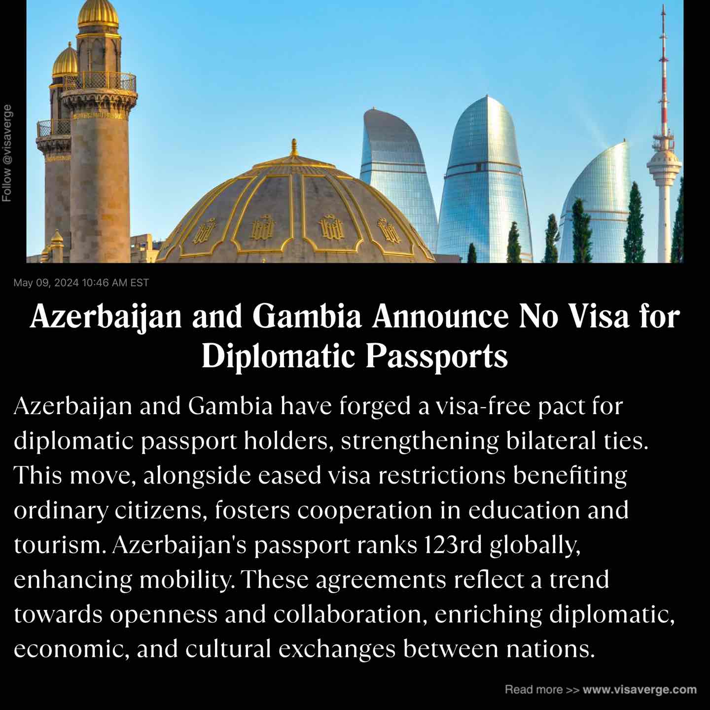 Azerbaijan and Gambia Announce No Visa for Diplomatic Passports
