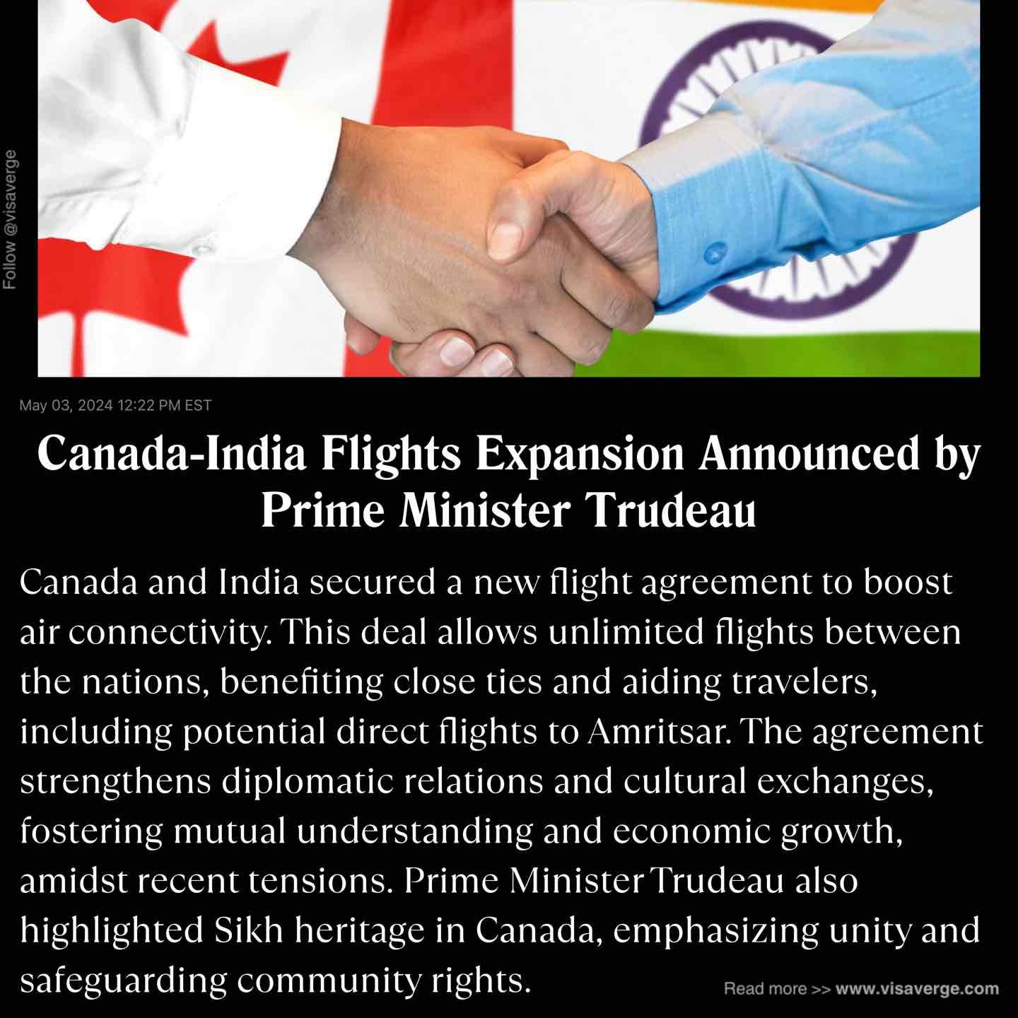 Canada-India Flights Expansion Announced by Prime Minister Trudeau