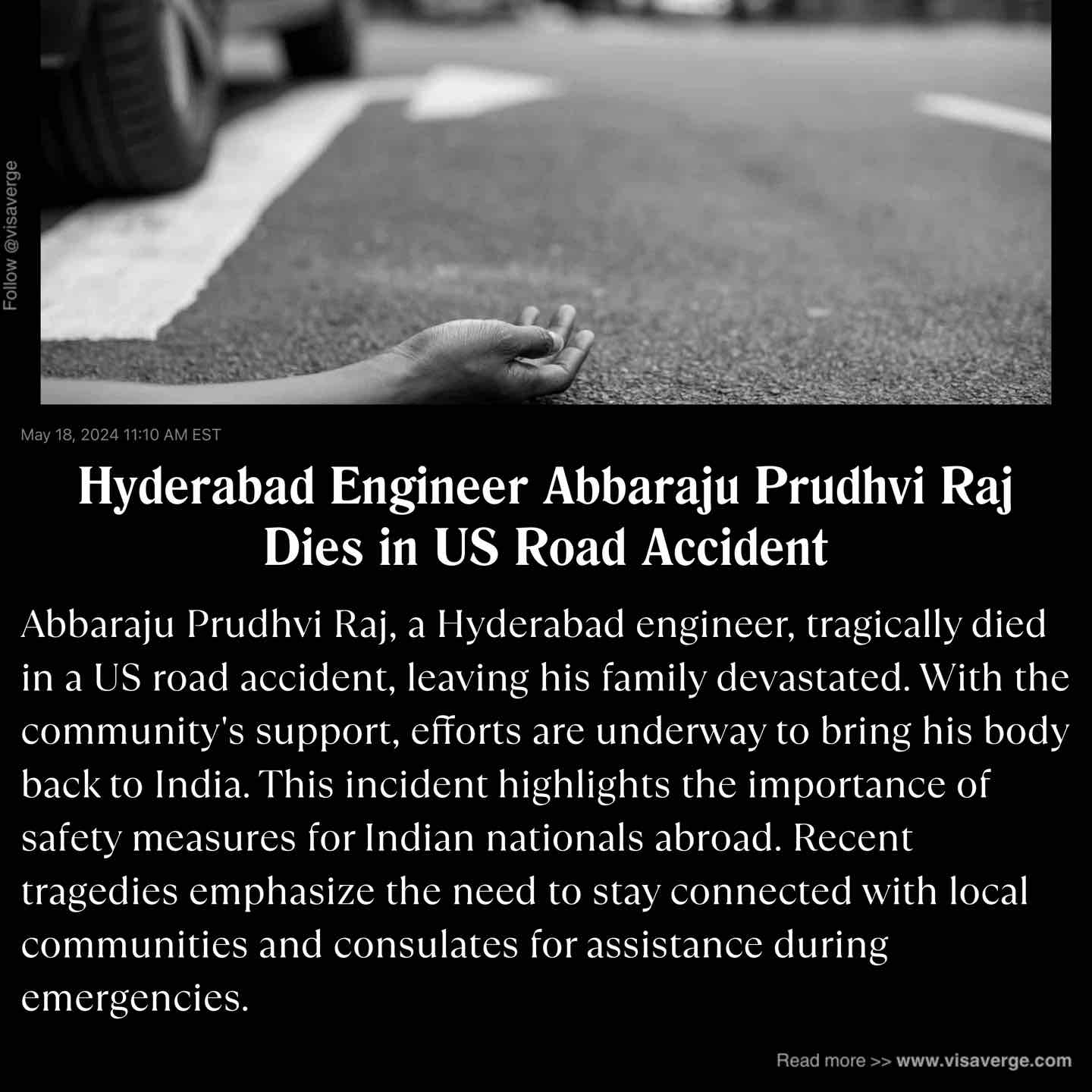Hyderabad Engineer Abbaraju Prudhvi Raj Dies in US Road Accident Hyderabad Engineer Abbaraju Prudhvi Raj Dies in US Road Accident