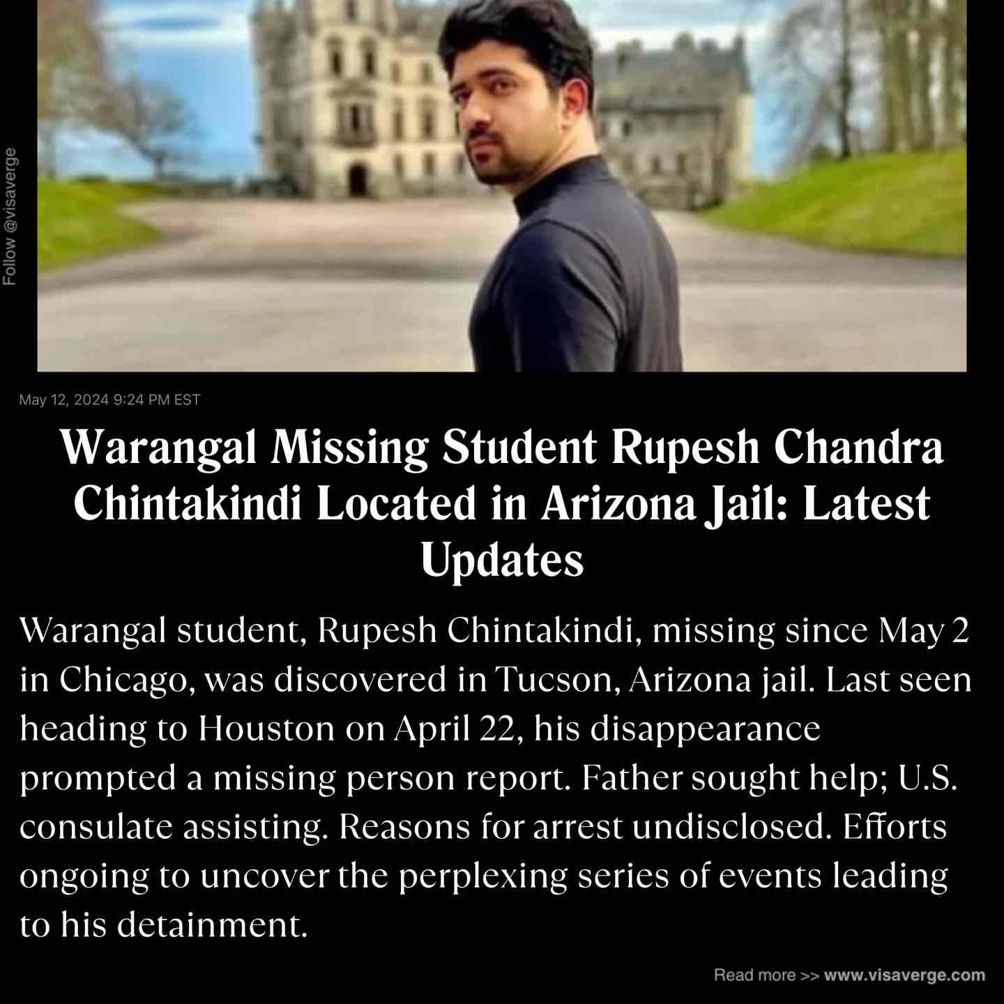 Warangal Missing Student Rupesh Chandra Chintakindi Located in Arizona Jail: Latest Updates Warangal Missing Student Rupesh Chandra Chintakindi Located in Arizona Jail: Latest Updates