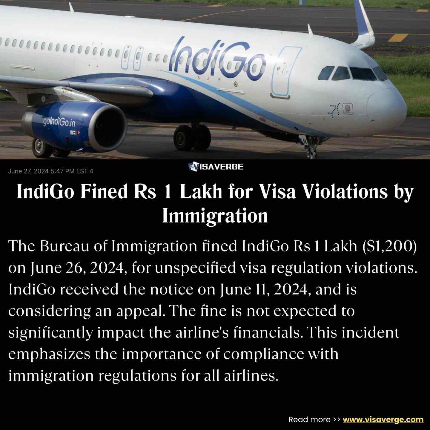 IndiGo Fined Rs 1 Lakh for Visa Violations by Immigration IndiGo Fined Rs 1 Lakh for Visa Violations by Immigration