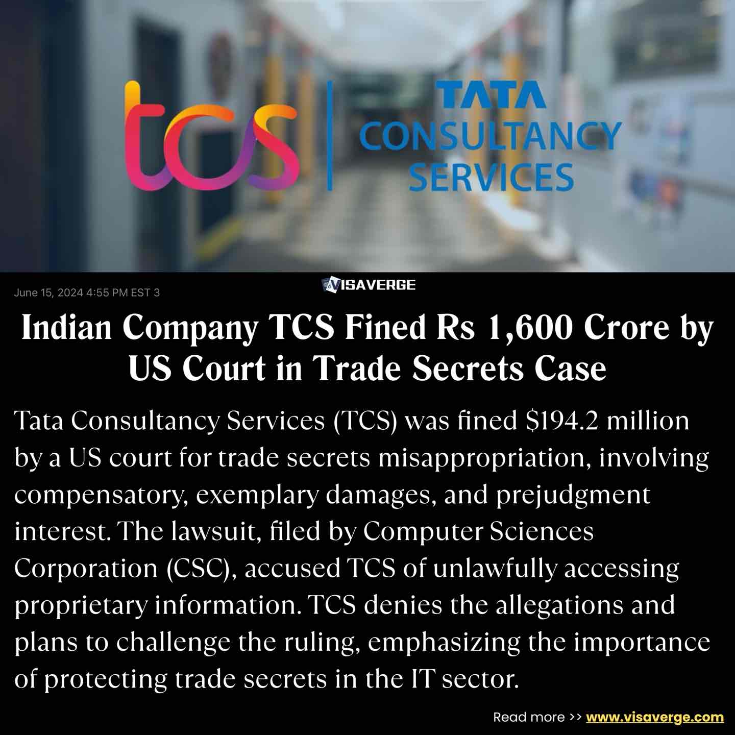 Indian Company TCS Fined Rs 1,600 Crore by US Court in Trade Secrets Case Indian Company TCS Fined Rs 1,600 Crore by US Court in Trade Secrets Case