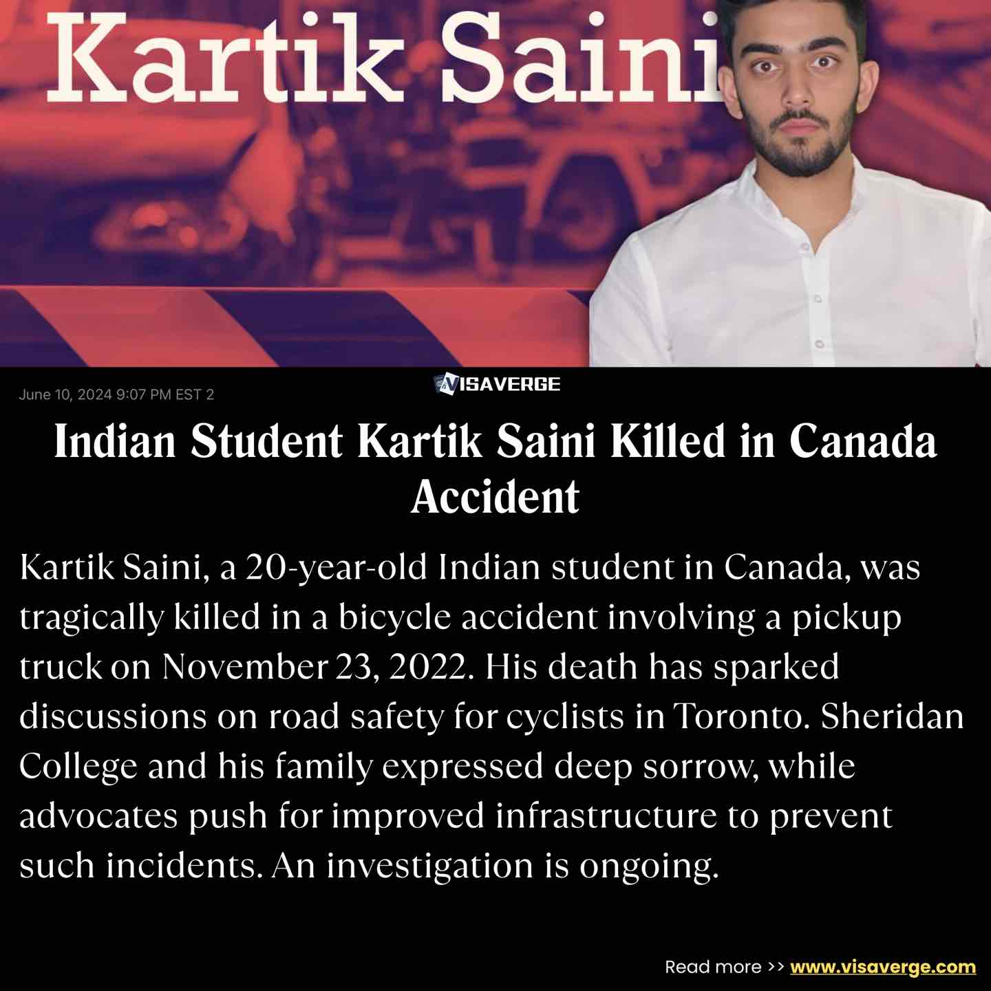 Indian Student Kartik Saini Killed in Canada Accident Indian Student Kartik Saini Killed in Canada Accident