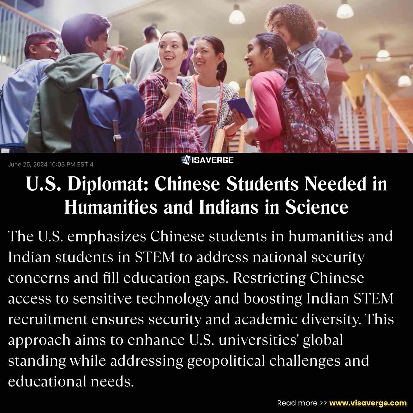 U.S. Diplomat: Chinese Students Needed in Humanities and Indians in Science
