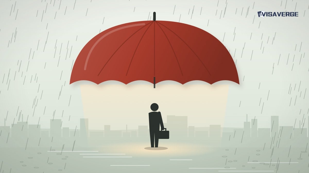 Illustration: a large red umbrella shelters a lone figure with a briefcase from the rain, for a guide to the A05 asylee work permit