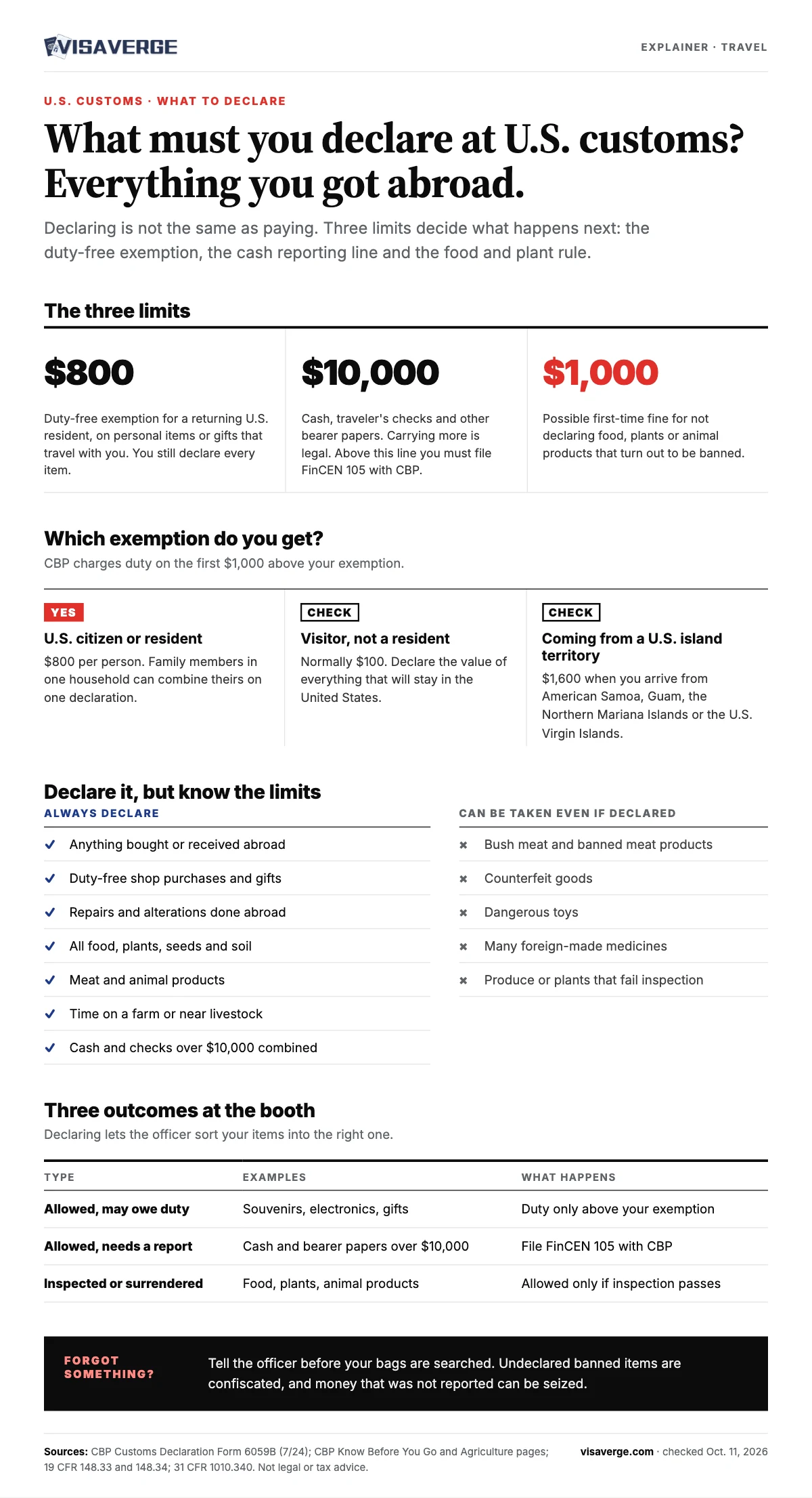 Items You Must Declare at US Customs: A Practical Guide - VisaVerge Infographic: what to declare at U.S. customs. The $800 duty-free exemption for returning U.S. residents, the $10,000 cash reporting line with FinCEN Form 105, and the rule that all food and plants must be declared. Includes who gets which exemption, what to declare, and what is taken even when declared.