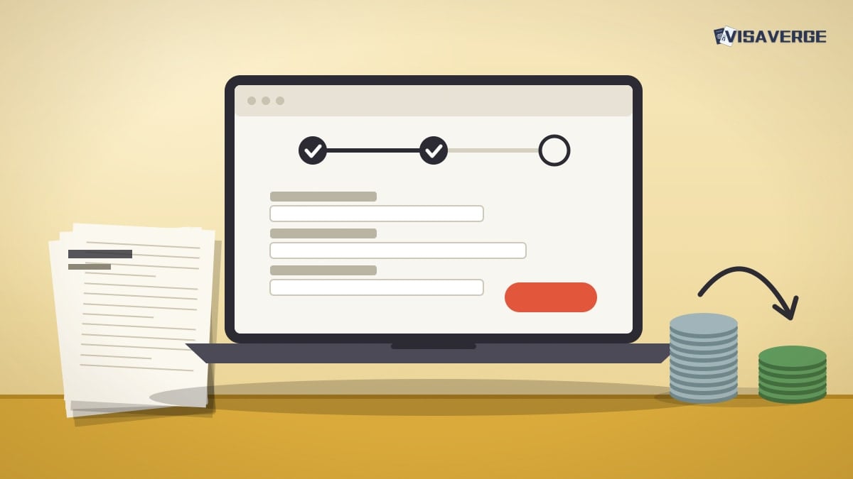 Illustration: a laptop showing a step-by-step online form beside a pile of bank statements and two coin stacks linked by an arrow, for converting Indian rupee balances to dollars when filing the FBAR