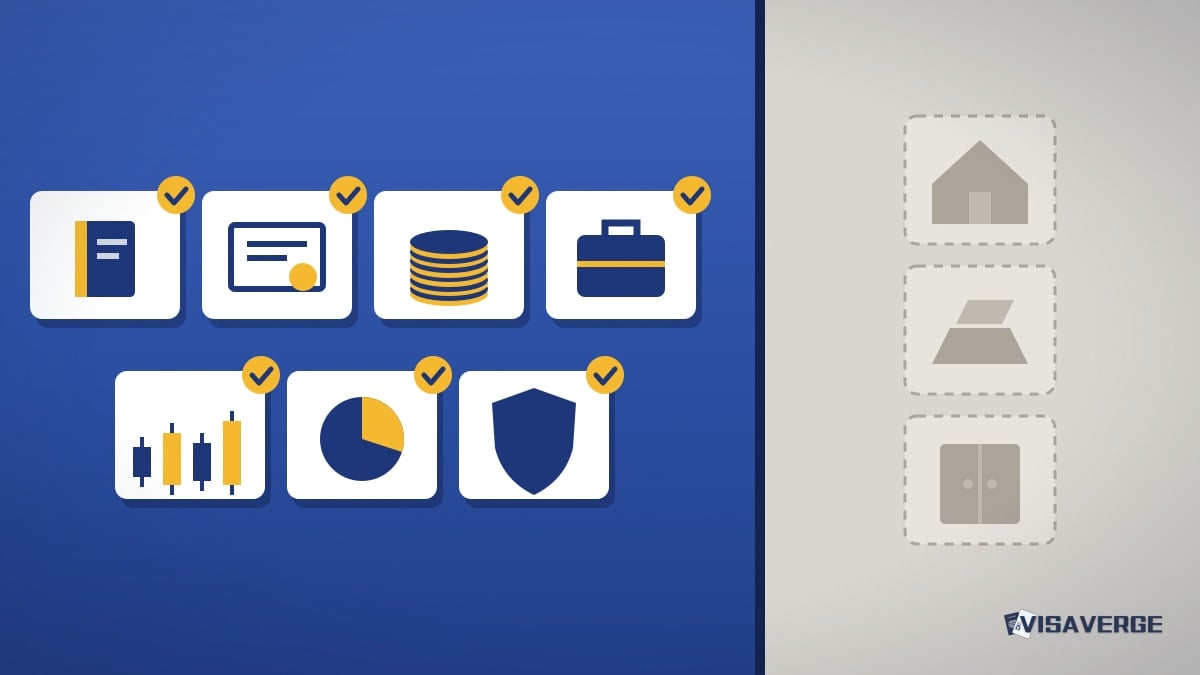 Illustration: checked tiles for a passbook, deposit certificate, coins, briefcase, market chart, pie chart and shield on a blue side, and unchecked tiles for a house, gold bar and locker on a grey side, showing which Indian assets go on the FBAR