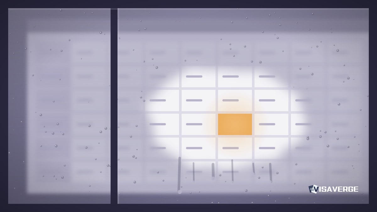Illustration: a fogged window over a calendar-style chart, with one wiped clear patch showing a single cell lit amber, for the November 2026 Visa Bulletin forecast