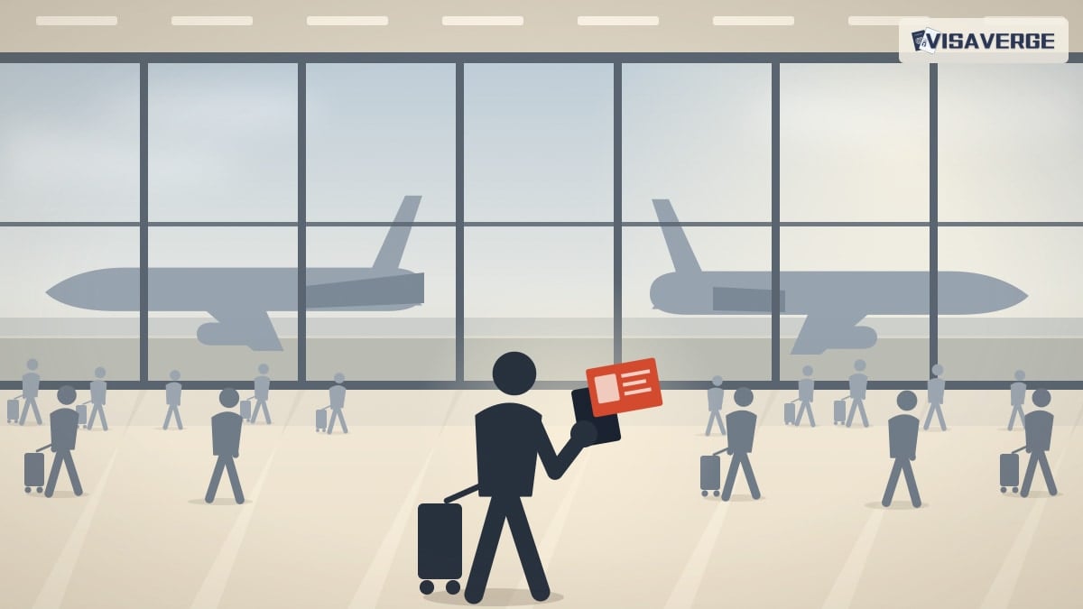 Illustration: connecting passengers with carry-on bags walk through a glass airside transfer hall between parked airliners, one holding up a passport with an extra red transit visa slip