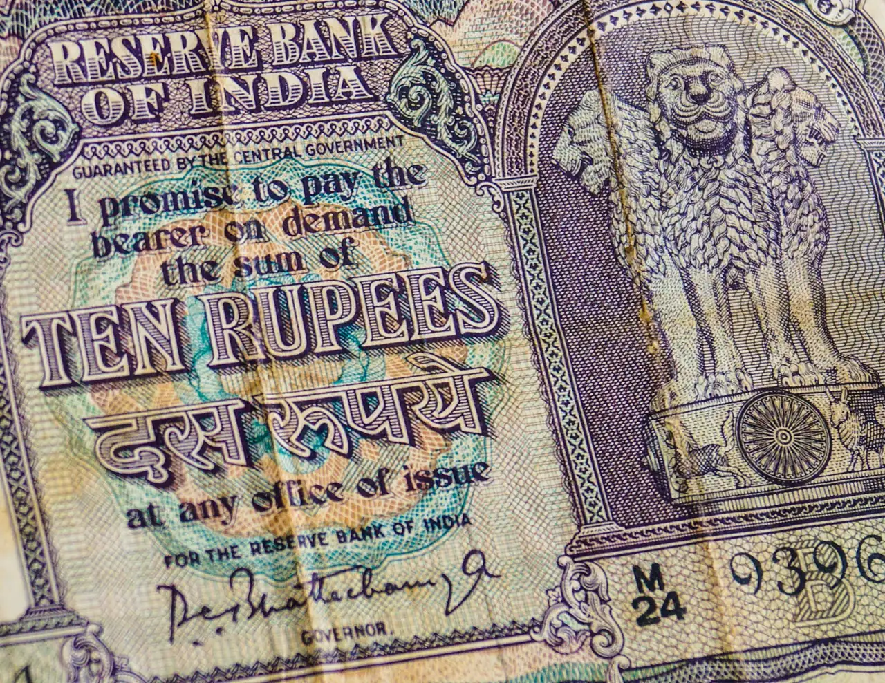 Macro of an old Reserve Bank of India ten-rupee note with the lion capital