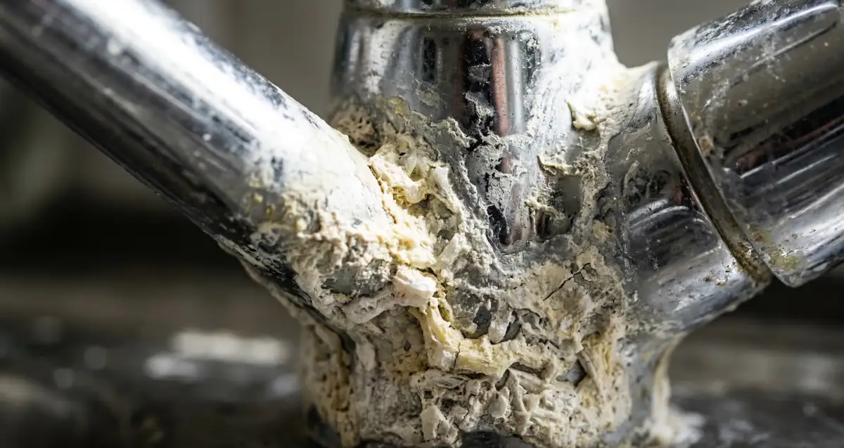 Hard water mineral buildup on a faucet